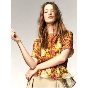 Massimo Dutti mulberry silk chartreuse floral ruffle blouse size USA 4